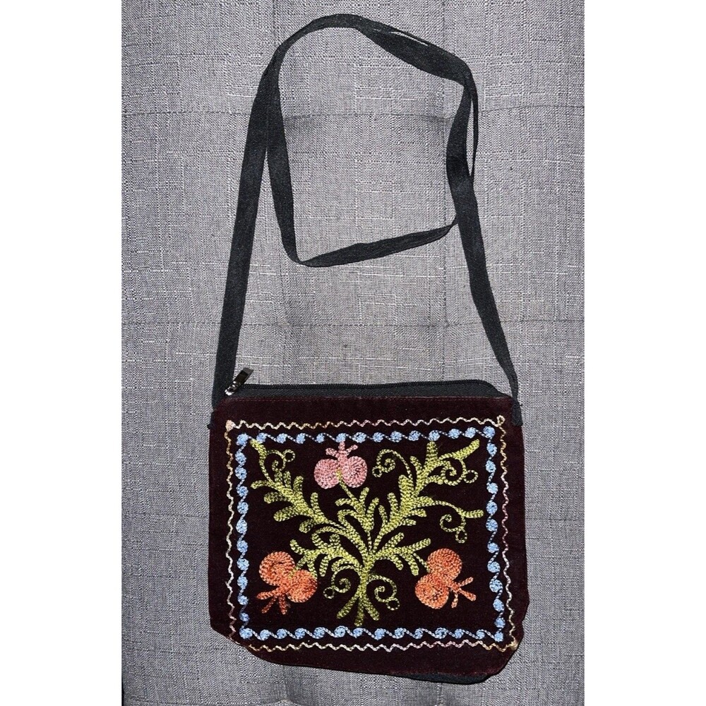 Crewel Hand Embroidery Crossbody Bag Work Purse Handbag Brown Velvet Floral